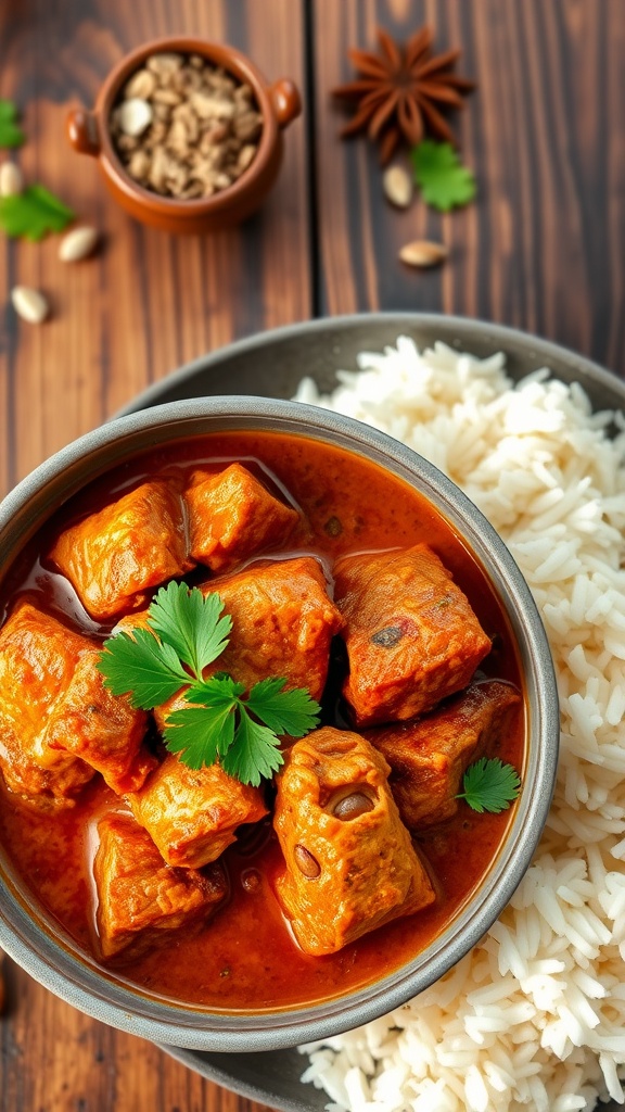 A bowl of spicy Pork Vindaloo with basmati rice, garnished with cilantro, set on a rustic wooden table.
